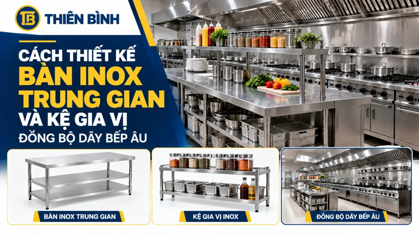 Thiết kế bàn inox và kệ gia vị bếp Âu